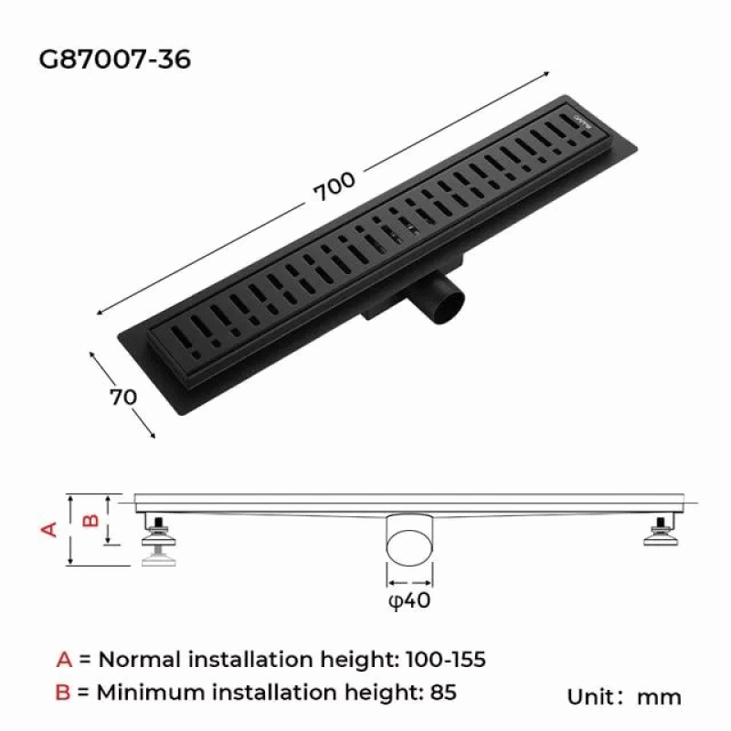 Трап для душа GAPPO G87007-36, 70х700 мм, нержавеющая сталь, черный