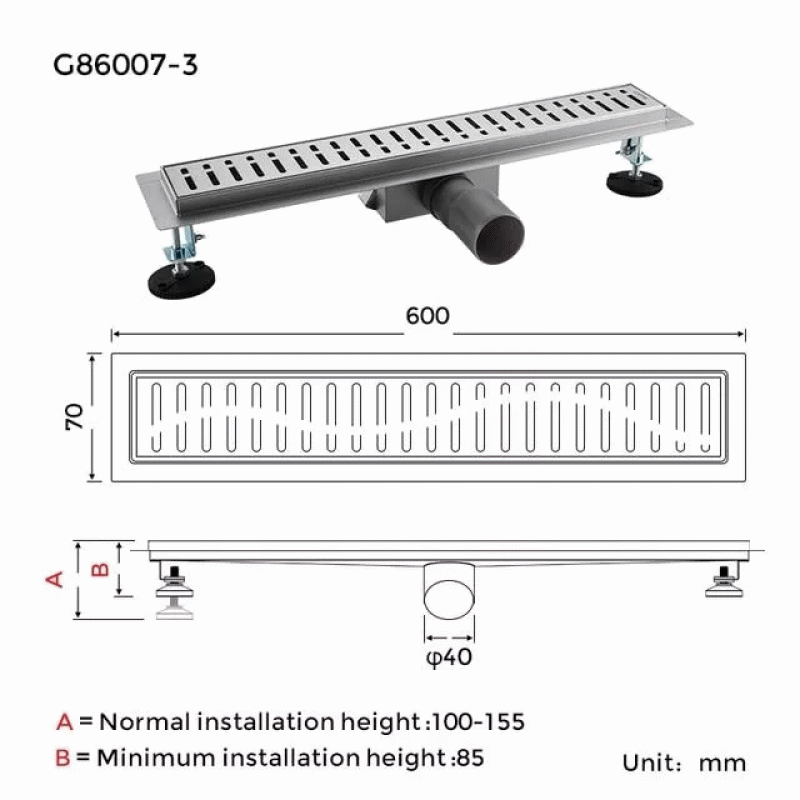 Трап для душа GAPPO G86007-3, 70х600 мм, нержавеющая сталь.