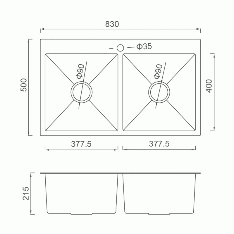 Кухонна мийка GAPPO GS8350-6 накладна 830x500 мм, нержавіюча сталь, поверхня PVD