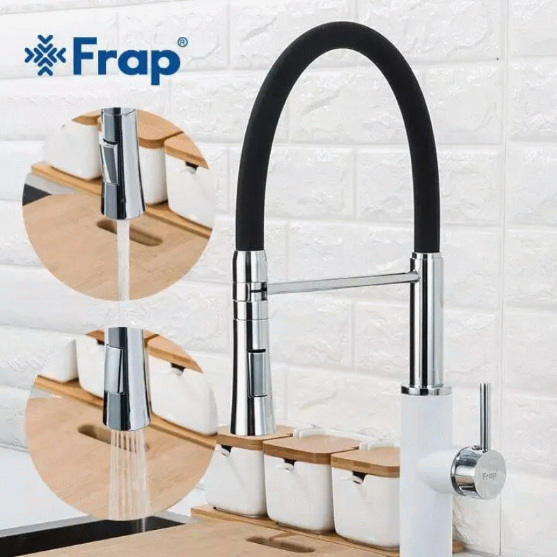 Смеситель для кухни Frap F4452-8 с гибким изливом, 2 режима, бело/черный.