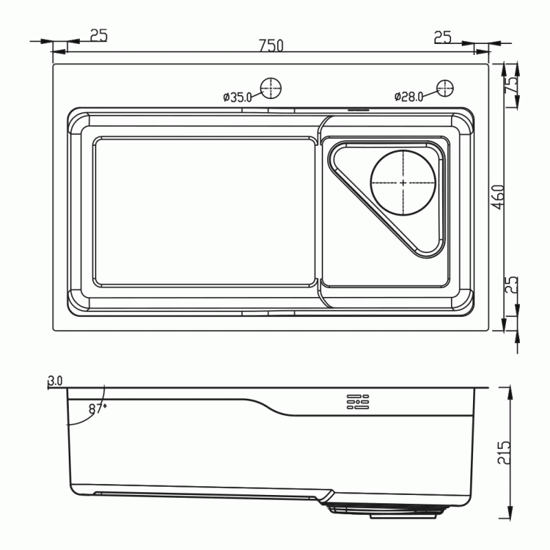 Мойка для кухни ITAL 750x460x215мм (3.0/0.8мм) ID 7546-B PVD Black