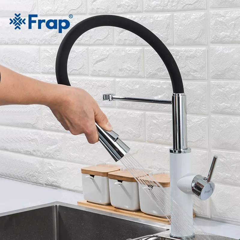 Смеситель для кухни Frap F4452-8 с гибким изливом, 2 режима, бело/черный.