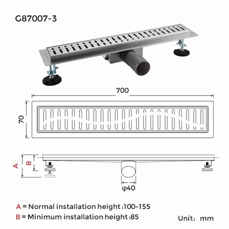 Трап для душа GAPPO G87007-3, 70х700 мм, нержавеющая сталь.