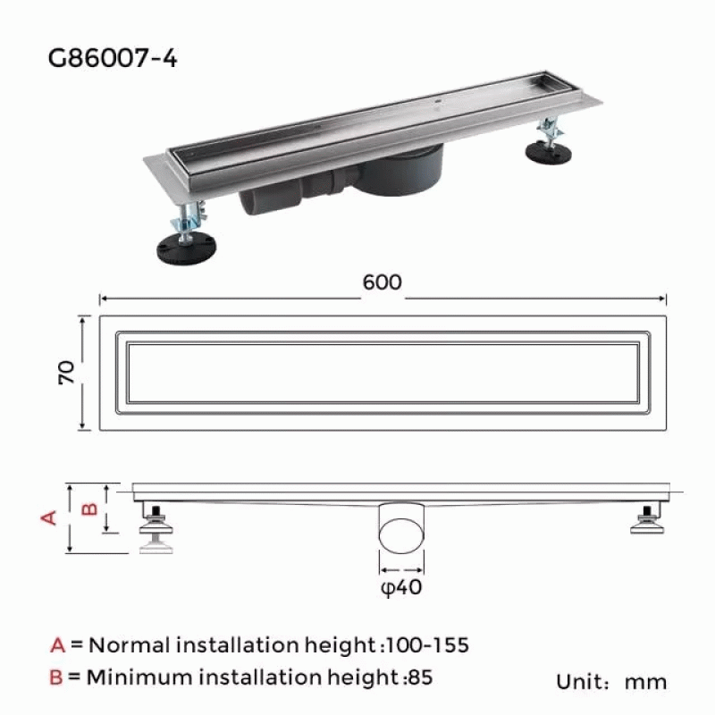 Трап для душа под плитку GAPPO G86007-4, 70х600 мм, нержавеющая сталь.