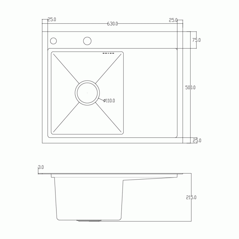 Мойка для кухни ITAL 630x500x215мм (3.0/0.8мм) ID 6350L-B PVD Black