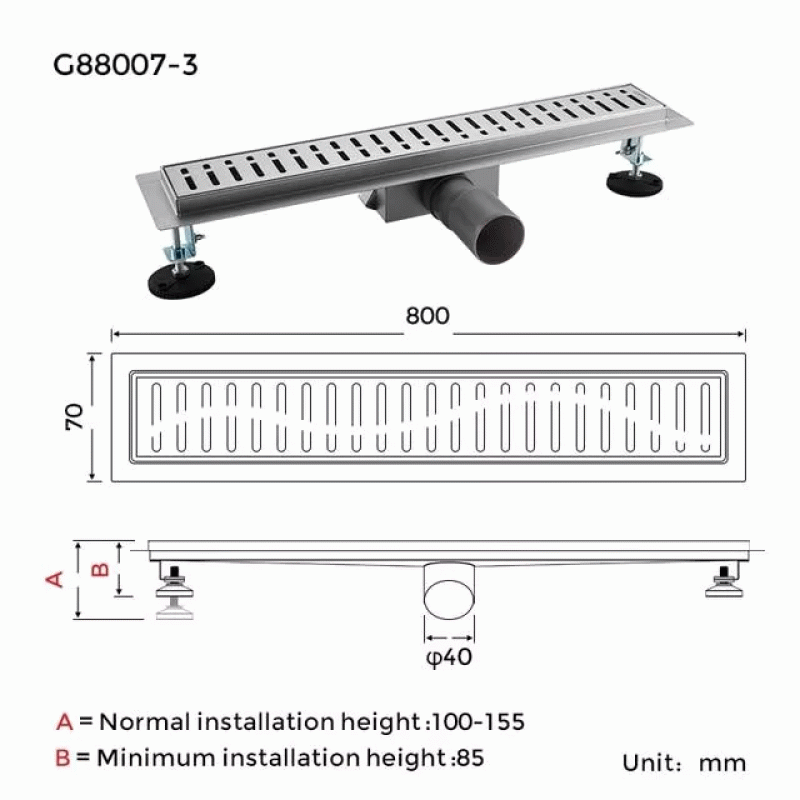 Трап для душа GAPPO G88007-3, 70х800 мм, нержавеющая сталь.