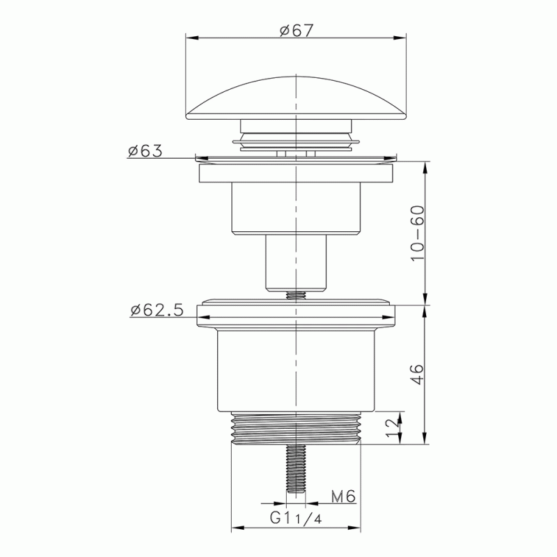 Донный клапан ITAL HF1083-C1, автомат, с керамической крышкой, Ø63мм 1 1/4", латунь, хром