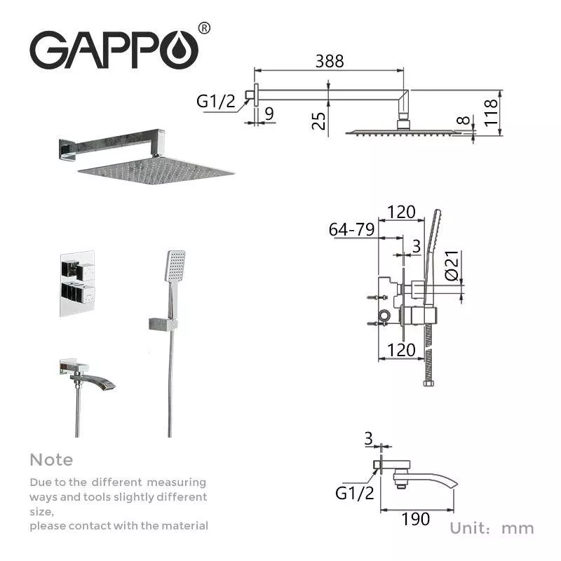 Вбудована душова система GAPPO G7107-40, вилив - перемикач на лійку, 3-функції, хром
