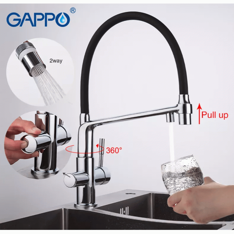 Змішувач для кухні на дві води GAPPO G4398-7 з гнучким виливом, чорний/хром