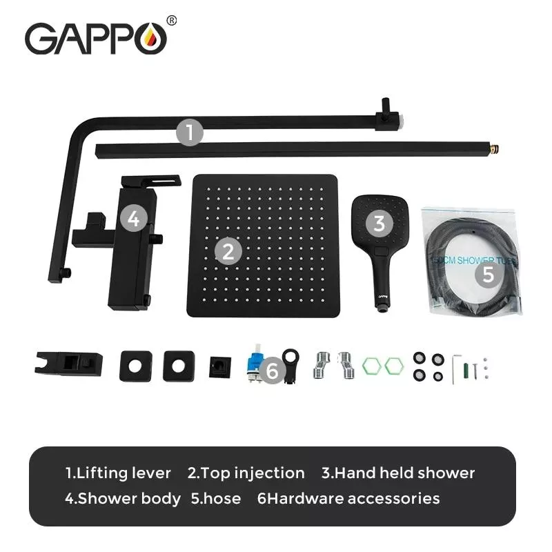Душова система GAPPO G2417-6, вилив - перемикач на лійку, чорний