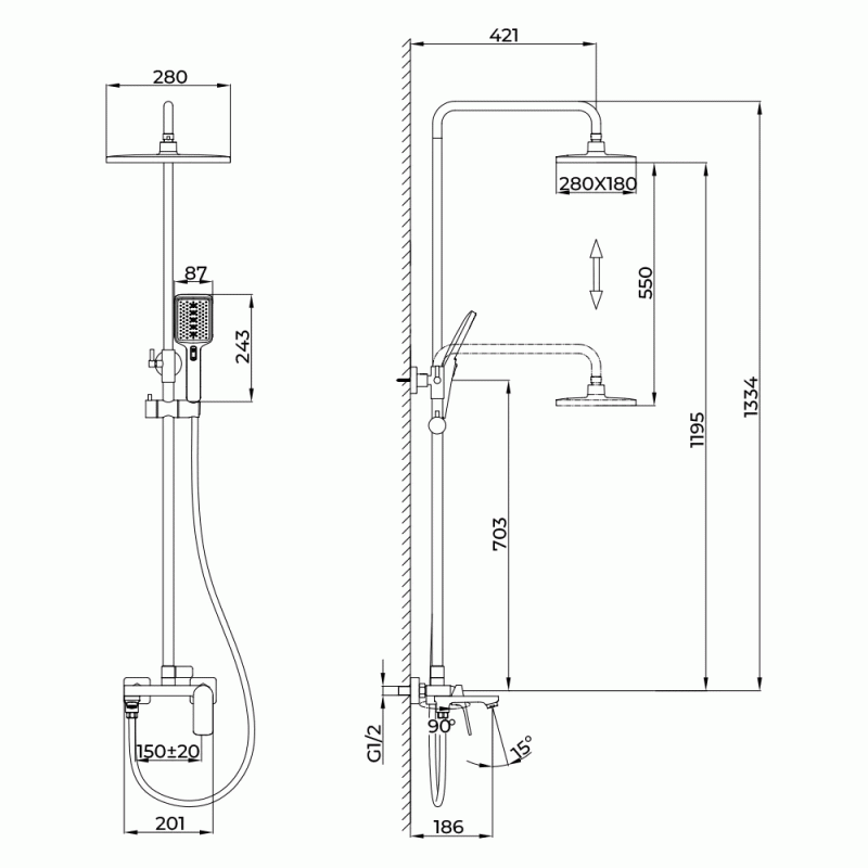 Душова система FRAP F2486, 3 функції, поворотний вилив, латунь, хром