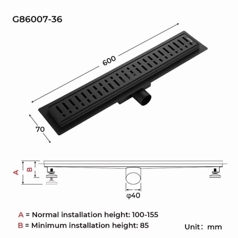 Трап для душа GAPPO G86007-36, 70х600 мм, нержавеющая сталь, черный