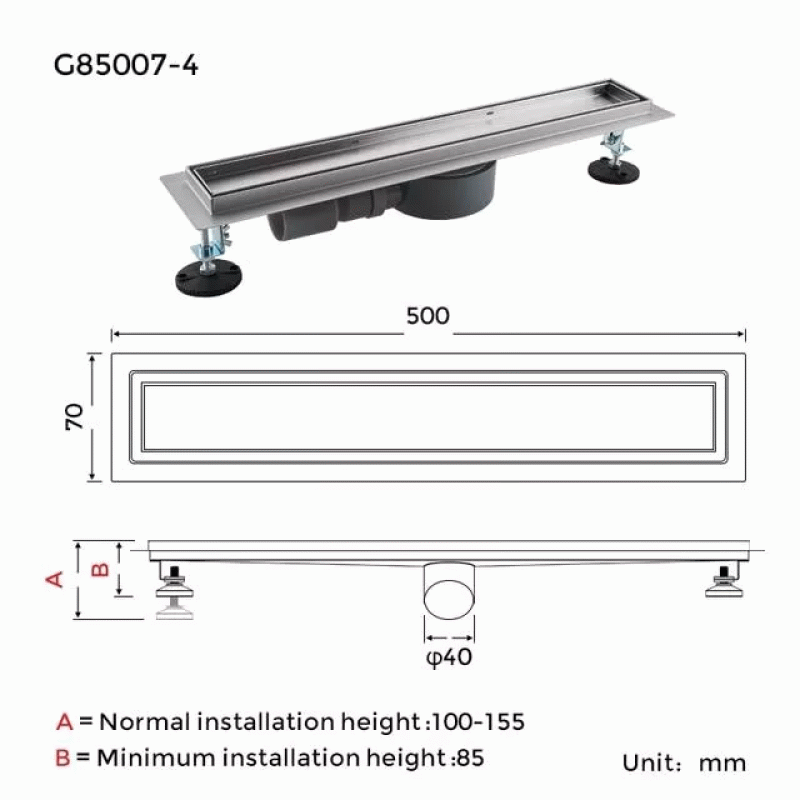 Трап для душа под плитку GAPPO G85007-4, 70х500 мм, нержавеющая сталь.