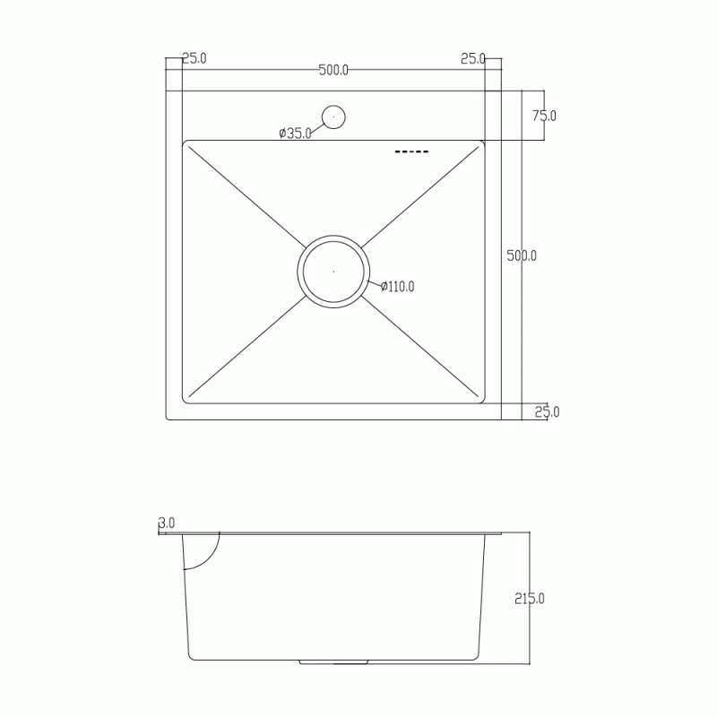 Мойка для кухни ITAL 500x500x215мм (3.0/0.8мм) ID 5050-B PVD Black