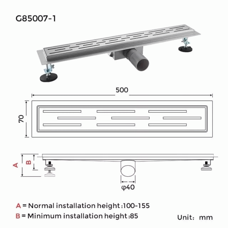 Трап для душа GAPPO G85007-1, 70х500 мм, нержавеющая сталь.