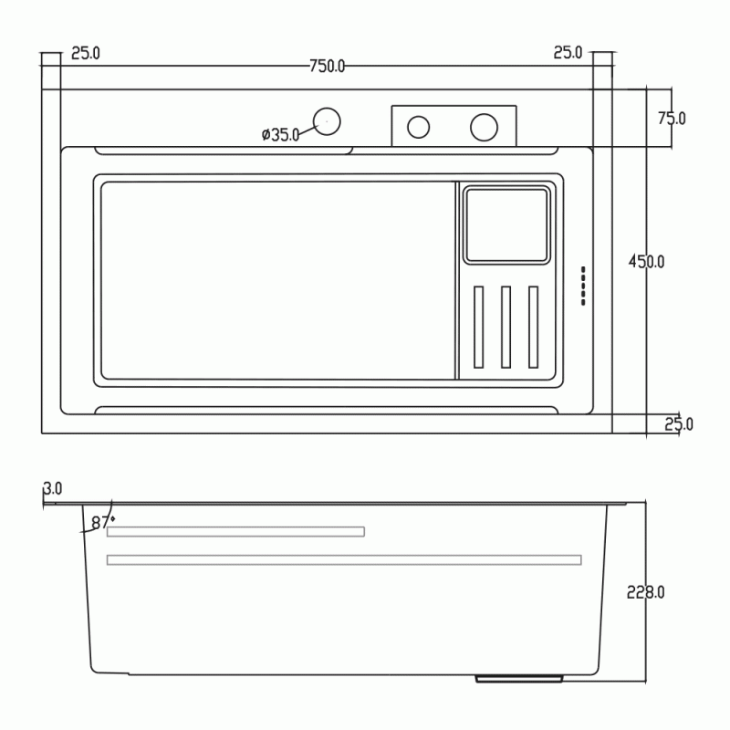 Мойка для кухни ITAL PROFI 750x450x215мм (3.0/0.8мм) ID 7545-BC PVD Black